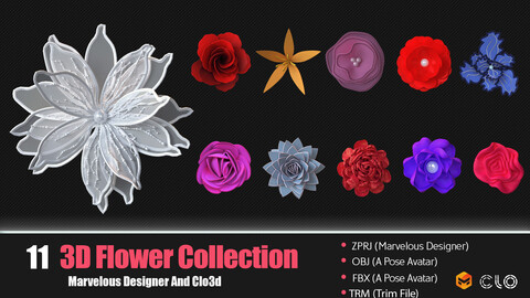 10 Flowers Collection CLO3D, MD PROJECTS+OBJ+FBX+TRM) + 1 Free