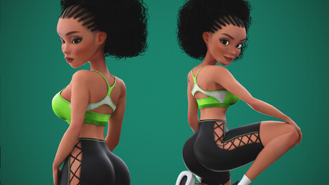 Game Black Fitness Girl character rigged 3D model