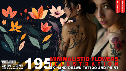 195 4K HAND DRAWN MINIMALISTIC FLOWERS ILLUSTRATION FOR TATTOO AND PRINT - ARTISTIC ILLUSTRATION - HIGH END QUALITY - (JPEG & TRANSPARENT PNG & ALPHA ) - VOL319