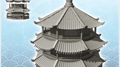 Asian hexagonal pagoda with two floors (33) | STL for 3D Printing Printer | Hard Surface