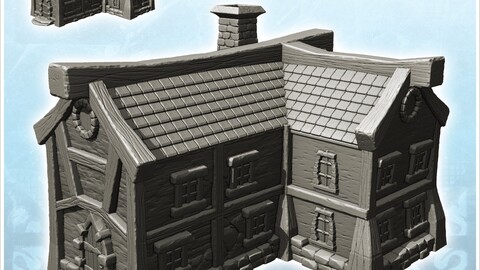 Medieval corner house with fireplace and round dormer (4) | STL for 3D Printing Printer | Hard Surface