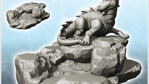 Fantasy horned dragon sitting on rocky promontory (27) | STL for 3D Printing Printer | Hard Surface