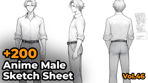 +200 Full body Anime Male Sketch Sheet Reference Images(4k)