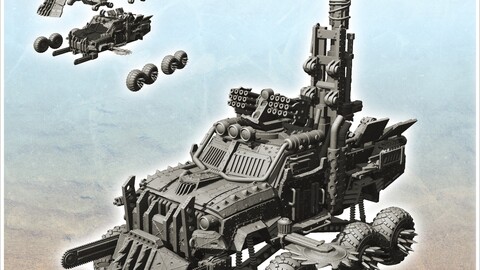 Large eight-wheeled pick-up with missile launcher and artillery gun (3) | STL for 3D Printing Printer | Hard Surface