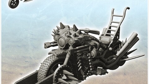 Post-apo motorbike with front spikes and double machine gun (4) | STL for 3D Printing Printer | Hard Surface