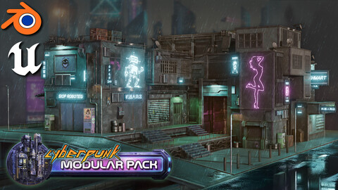 Stylized Cyberpunk Downtown Modular Kitbash Pack for Blender & Game Design | 3D Asset Pack