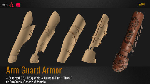 5 Woman's Arm Guard Armor PACK (VOL.01). Marvelous Designer/Clo3D project file+OBJ,FBX