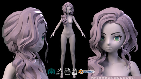 Highpoly and Lowpoly Nude Anime cartoon stylized woman Loli girl female basemesh zbrush Base female anatomy woman young girl Zbursh Highpoly Anatomy  human cartoon male female torso head body foot hand highpoly  young