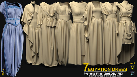 7 EGYPTIAN DRESS VOL 2 (MARVELOUS DESIGNER AND CLO3D)ZPRJ, OBJ, FBX,UV, 4K TEXTURE (SUBSTANCE PINTER)