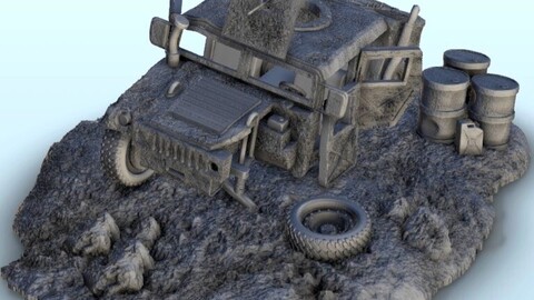 Humvee wreckage with barrels | STL for 3D Printing Printer | Hard Surface