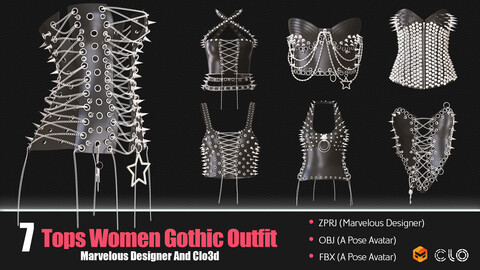 7 Tops Women Gothic Outfits (CLO3D, MD PROJECTS+OBJ+FBX) Vol 01