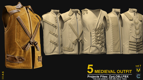 5 MEDIEVAL OUTFIT VOL 7(MARVELOUS DESIGNER AND CLO3D)ZPRJ, OBJ, FBX,UV ( SUBSTANCE PINTER )