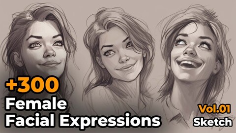 +300 Female Facial Expressions Sketch Sheet Reference Images(4k)