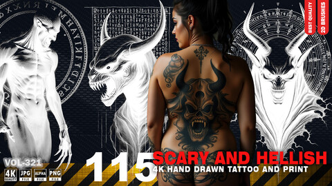 115 4K HAND DRAWN SCARY AND HELLISH TATTOO AND PRINT - ARTISTIC ILLUSTRATION - HIGH END QUALITY - (JPEG & TRANSPARENT PNG & ALPHA ) - VOL321