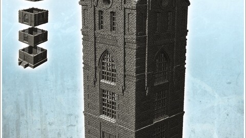 Large modern industrial brick tower with access staircase and gothic shaped windows (25) | STL for 3D Printing Printer | Hard Surface