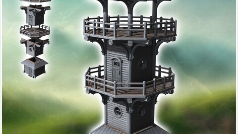 Three-story wooden tower with two balconies and a wide-roofed lookout post (16) | STL for 3D Printing Printer | Hard Surface