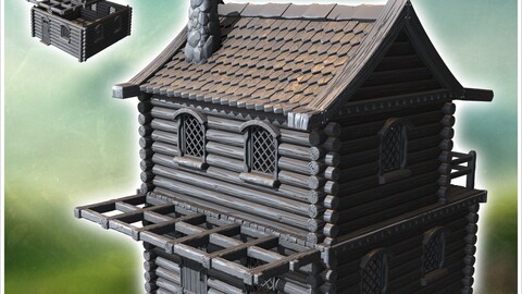 Two-story wooden house with a chimney, shingled roof, and an extended wooden balcony (18) | STL for 3D Printing Printer | Hard Surface