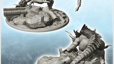 Dragon with double horns and crests on bridge (6) | STL for 3D Printing Printer | Hard Surface