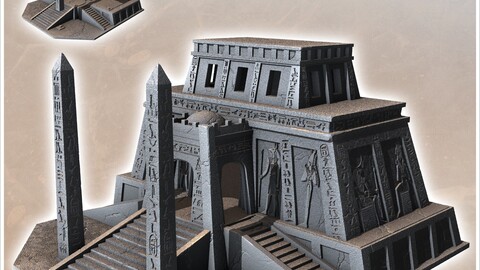 Egyptian Temple with Double Obelisk and Multiple Access Stairs (16) | STL for 3D Printing