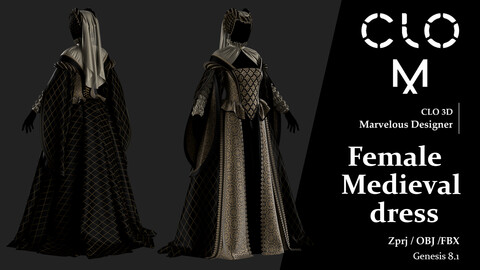 Female  Medieval dress / Marvelous Designer/Clo3D project file + OBJ, FBX