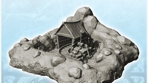 Underground mine entrance with rail turn and wooden crane (5) | STL for 3D Printing