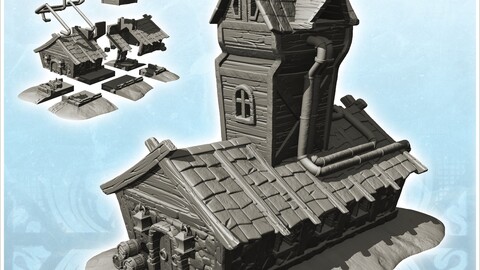 Large medieval building with high tower with exterior pipes and accessories (9) | STL for 3D Printing