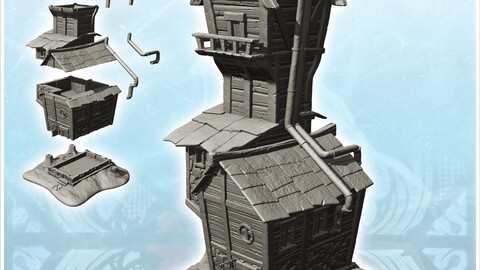 Medieval house with large tower with terrace and pipes (10) | STL for 3D Printing