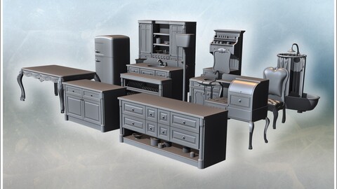 Kitchen and dining room furniture with cabinets, table, fridge, and antique kitchen appliances (3) | STL for 3D Printing