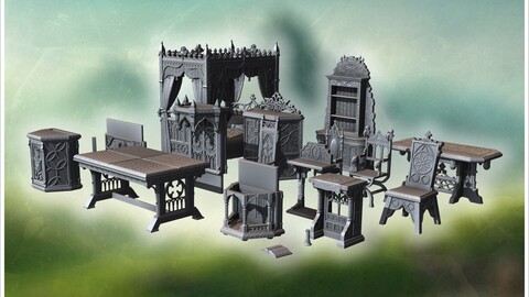 Collection of Gothic furniture with intricate carvings, canopy beds, and detailed chairs (9) | STL for 3D Printing