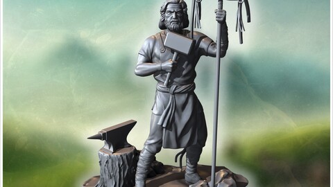 Blacksmith figure holding a hammer and banner, standing beside an anvil and tools (1) | STL for 3D Printing