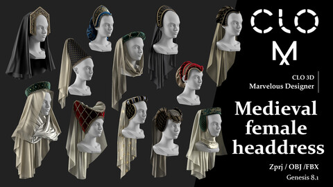 Medieval female headdress / Marvelous Designer/Clo3D project file + OBJ, FBX