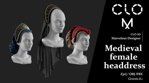 Medieval female headdress / Marvelous Designer/Clo3D project file + OBJ, FBX