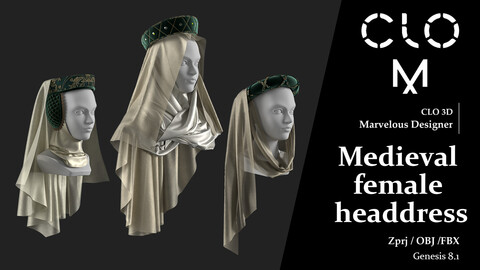 Medieval female headdress / Marvelous Designer/Clo3D project file + OBJ, FBX