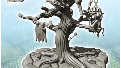 Evil tree with flags and skeleton in metal cage (12) | STL for 3D Printing