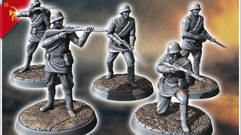 Set of five Soviet Russian Red Army soldiers (WW2 USSR) (with Mosin-Nagant) (2) | STL for 3D Printing Printer | Hard Surface