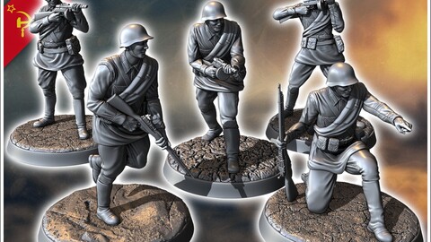 Set of five Soviet Russian Red Army soldiers (WW2 USSR) (with Mosin-Nagant + PPSh-41) (5) | STL for 3D Printing Printer | Hard Surface