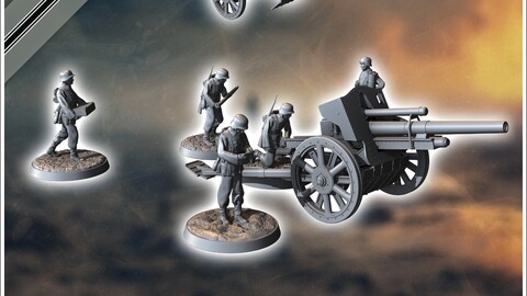 105mm 10,5 leFH 18 German light field howitzer (with 5 crew figures) | STL for 3D Printing Printer | Hard Surface