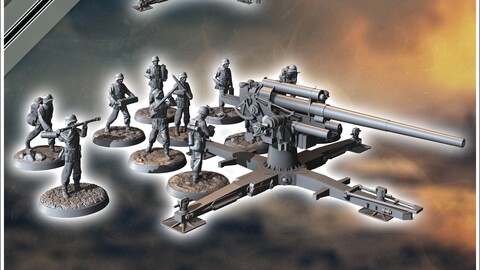 88 mm 8,8 Flak 36 German anti-aircraft and anti-tank gun (with 11 crew figures) | STL for 3D Printing Printer | Hard Surface