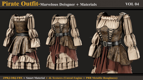 Pirate Outfit-FEMALE-MD/Clo3d + Smart Material + 4K Textures + OBJ + FBX (vol 04)