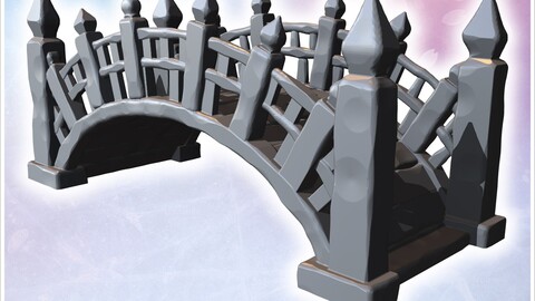 Small wooden bridge with curved design, detailed posts, and decorative railings along the edges (1) | STL for 3D Printing Printer | Hard Surface