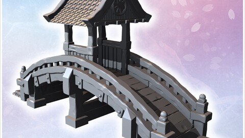 Arched wooden bridge with tiled roof, decorative supports, and detailed railing along the sides (2) | STL for 3D Printing Printer | Hard Surface