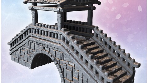 Ornamental stone bridge with steep stairs, wooden railings, and tiled roof structure (2) | STL for 3D Printing Printer | Hard Surface