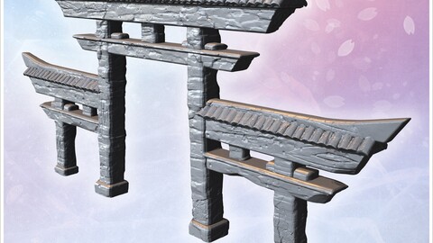 Torii gate with three arched sections and detailed textured wooden beams (4) | STL for 3D Printing Printer | Hard Surface