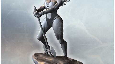 Woman in form-fitting outfit with cat ears, holding axe, standing on a rocky platform (35) | STL for 3D Printing Printer | Hard Surface