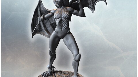 Vampire bat-woman in motion, clawed hands and spread wings, standing on rugged textured base (27) | STL for 3D Printing Printer | Hard Surface