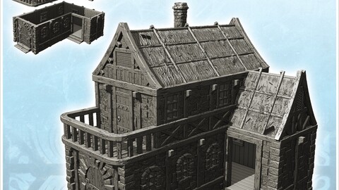 Medieval house with terrace, large door and thatched roof (11) | STL for 3D Printing Printer | Hard Surface