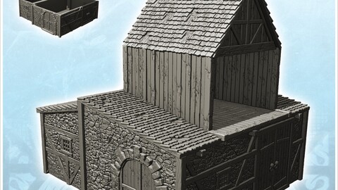 Medieval stone building with tile roof and large roof annex (14) | STL for 3D Printing Printer | Hard Surface