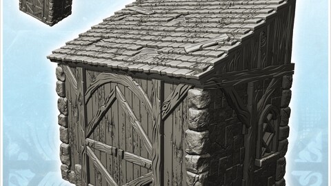 Stone half-timbered annex with large wooden door and tile roof (15) | STL for 3D Printing Printer | Hard Surface