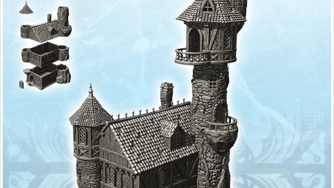 Large medieval stone manor with corner tower, large turret and high-level rooms (20) | STL for 3D Printing Printer | Hard Surface