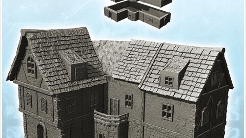 Medieval house with balcony and mixed thatch and slate roof (23) | STL for 3D Printing Printer | Hard Surface